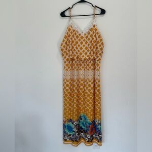 Yellow floral Maxi Dress with Lace Trim summer spring size XL retro